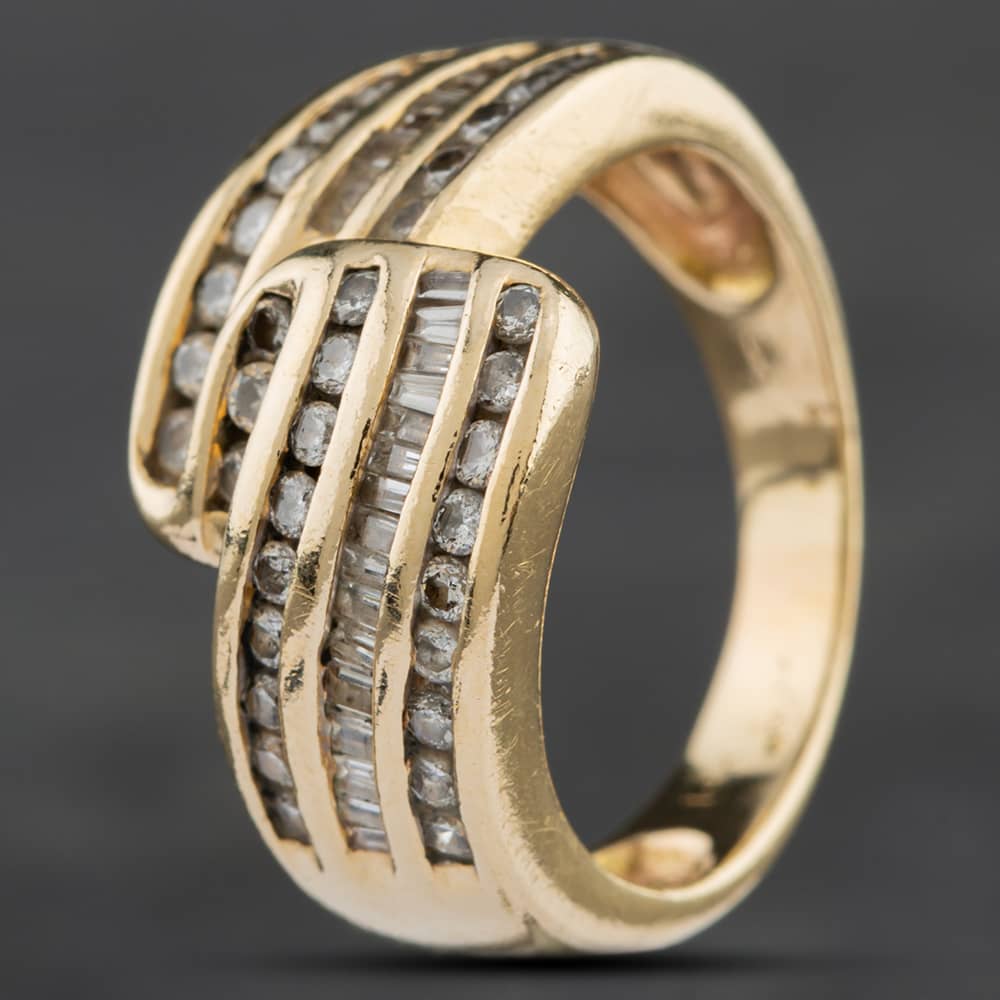 Pre-Owned 14ct Yellow Gold Diamond Three Row Cross Over Dress Ring 4148828