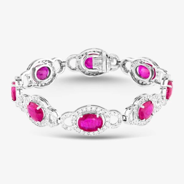 Pre-Owned 14ct White Gold Oval Cut Ruby & Brilliant Cut Diamond Halo 7.25 Inch Bracelet 43071009