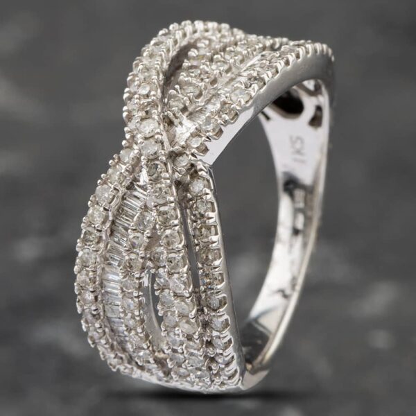 Pre-Owned 9ct White Gold 1.00ct Brilliant & Baguette Cut Diamond Crossover Ring 43121059
