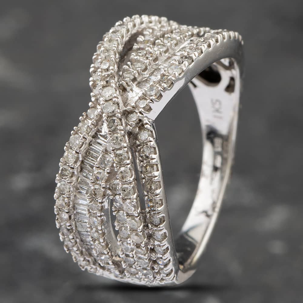 Pre-Owned 9ct White Gold 1.00ct Brilliant & Baguette Cut Diamond Crossover Ring 43121059