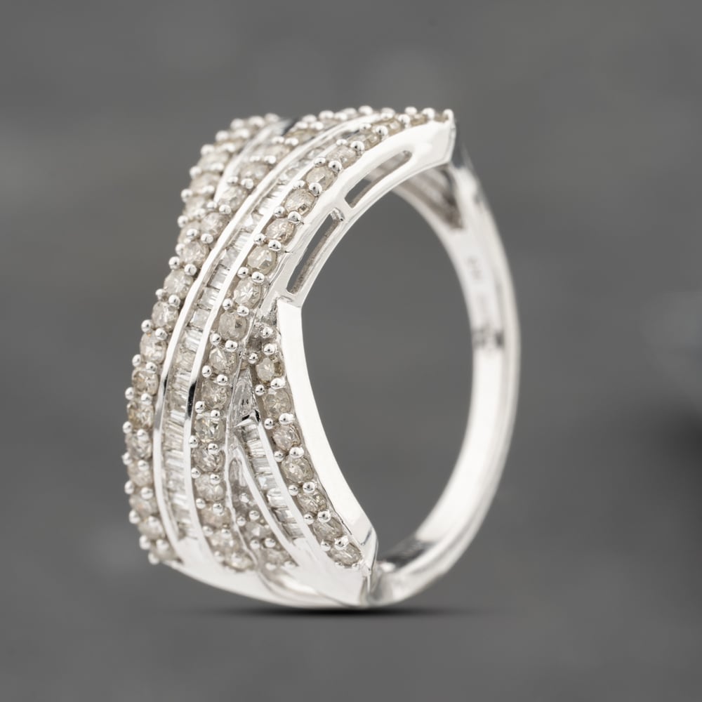 Pre-Owned 9ct White Gold 1.00ct Diamond 6 Row Crossover Ring 43121317