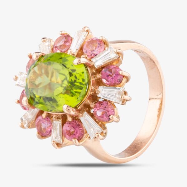 Pre-Owned 14ct Rose Gold 5.41ct Peridot, 0.83ct Diamond & 1.33ct Pink Tourmaline Oval Cluster Ring 4312214