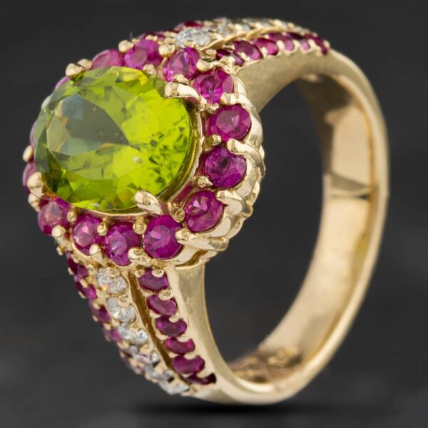 Pre-Owned 14ct Yellow Gold 2.79ct Peridot, 0.37ct Diamond & 1.49ct Pink Sapphire Oval Cluster Ring 4312218
