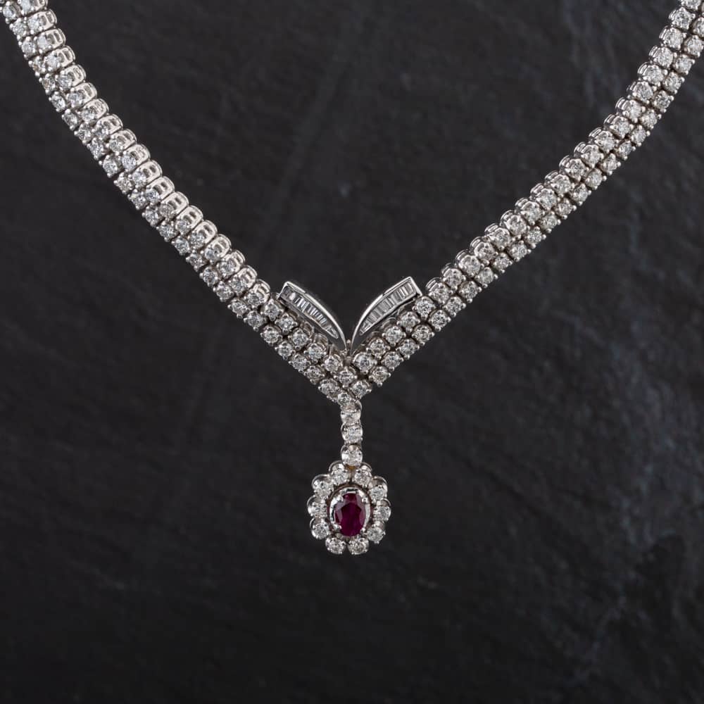 Pre-Owned 14ct White Gold 0.60ct Ruby & 5.33ct Brilliant Cut Diamond Two Row 17 Inch Necklace 4314050