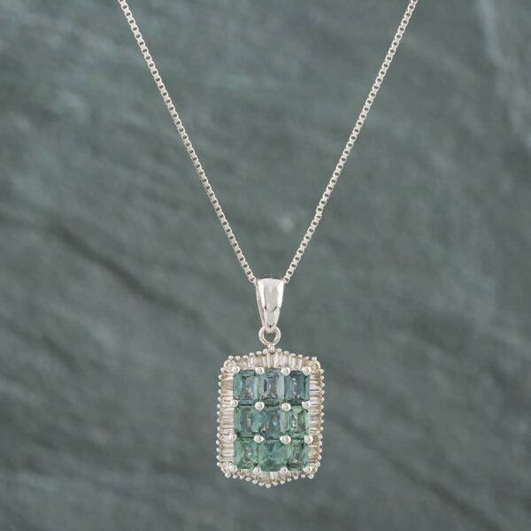 Pre-Owned 18ct White Gold 2.00ct Green Sapphire & 0.40ct Baguette Cut Diamond Oblong Pendant & 18 Inch Box Chain 43141030