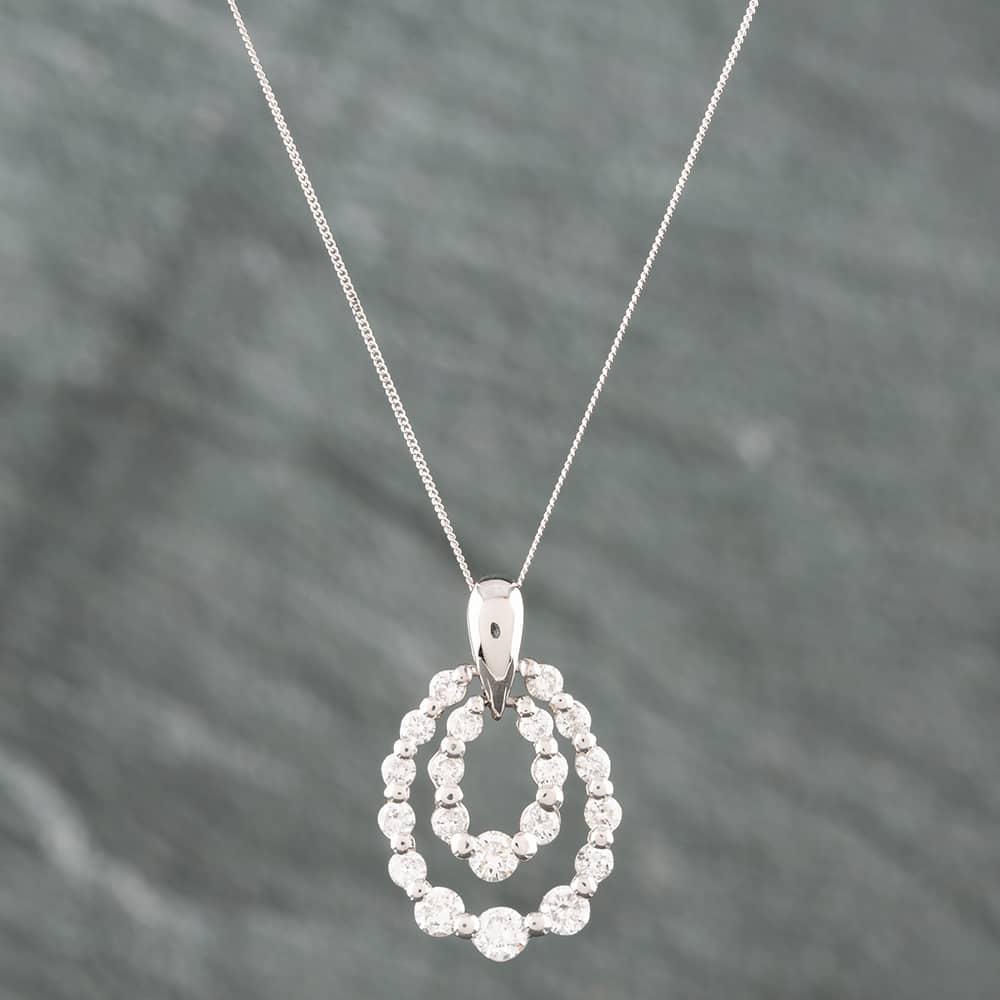 Pre-Owned Platinum 1.11ct Brilliant Cut Diamond Oval Two Row Pendant & 18 Inch Curb Chain 43141033