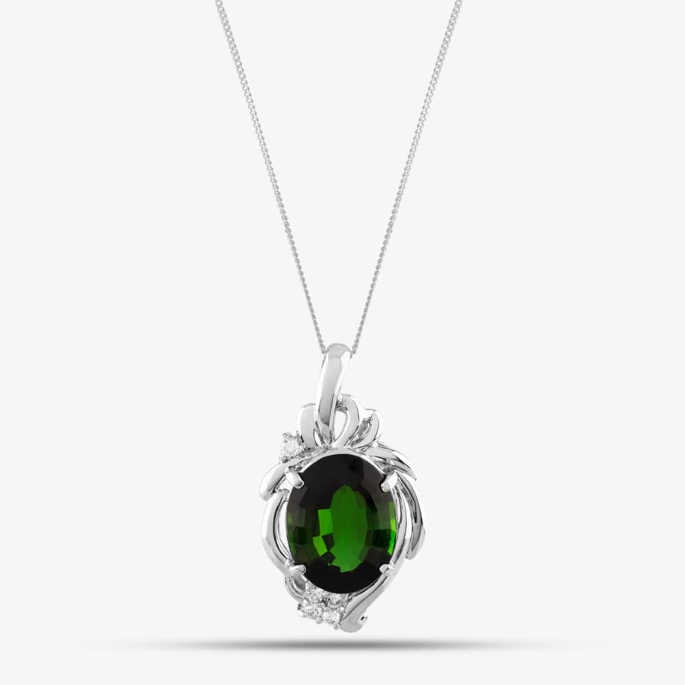 Pre-Owned Platinum 10.86ct Green Tourmaline & 0.17ct Brilliant Cut Diamond Large Oval Pendant & 18 Inch Curb Chain 43141049