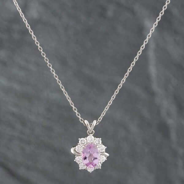 Pre-Owned Platinum 0.95ct Oval Cut Pink Topaz & 0.43ct Brilliant Cut Diamond Cluster Pendant & 16 Inch Trace Chain 43141067