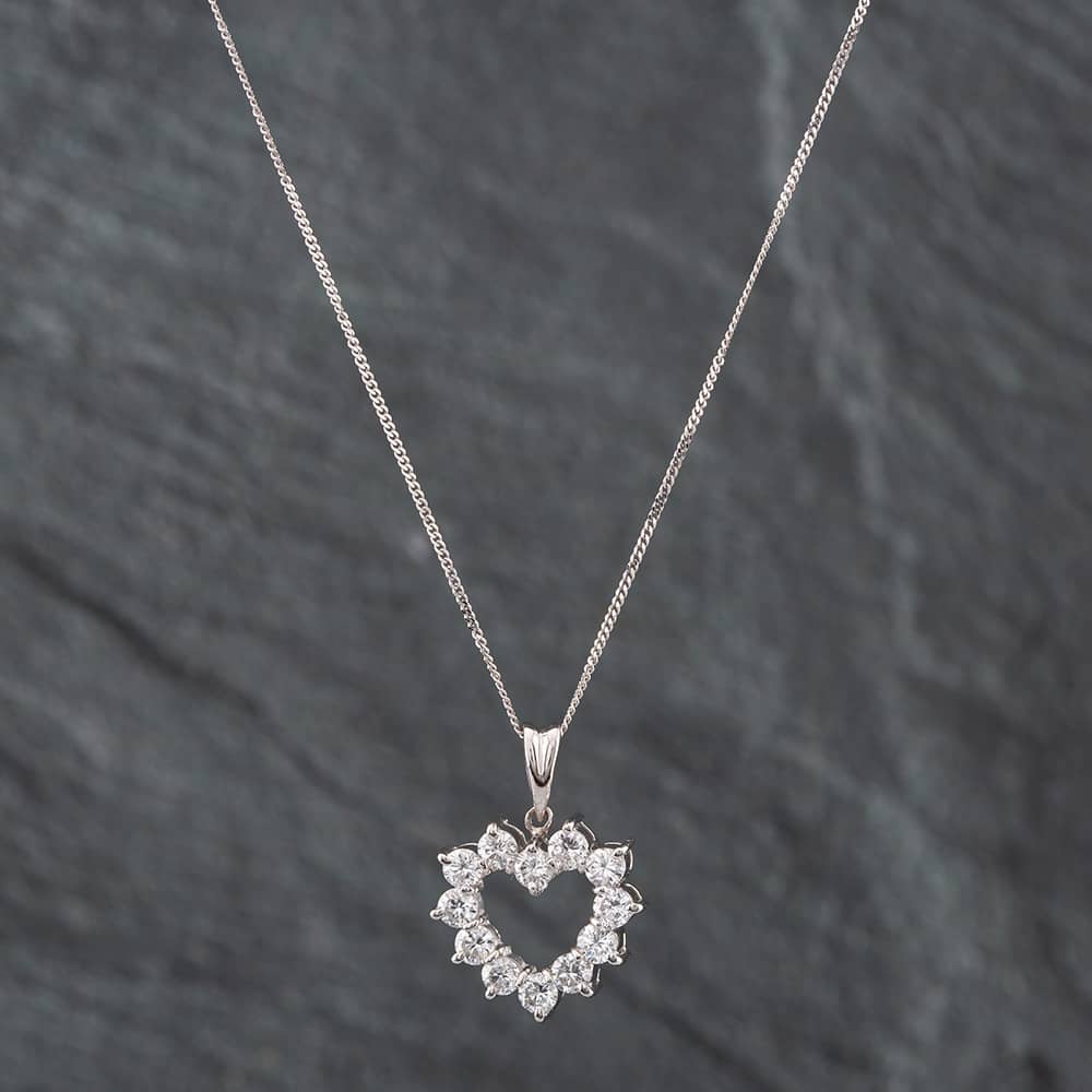 Pre-Owned Platinum 1.00ct Brilliant Cut Diamond Open Heart Pendant & 18 Inch Curb Chain 43141069
