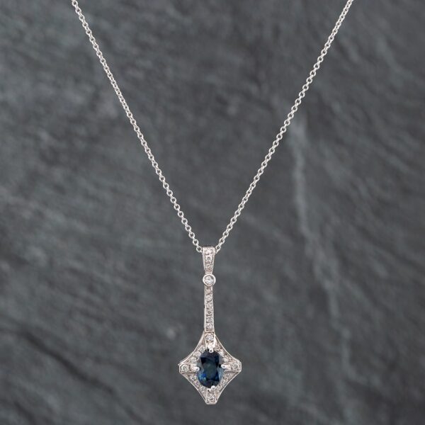 Pre-Owned 14ct White Gold Sapphire & Brilliant Cut Diamond Pendant & 16 Inch Trace Chain 43141090
