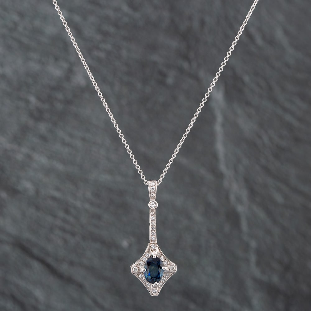 Pre-Owned 14ct White Gold Sapphire & Brilliant Cut Diamond Pendant & 16 Inch Trace Chain 43141090