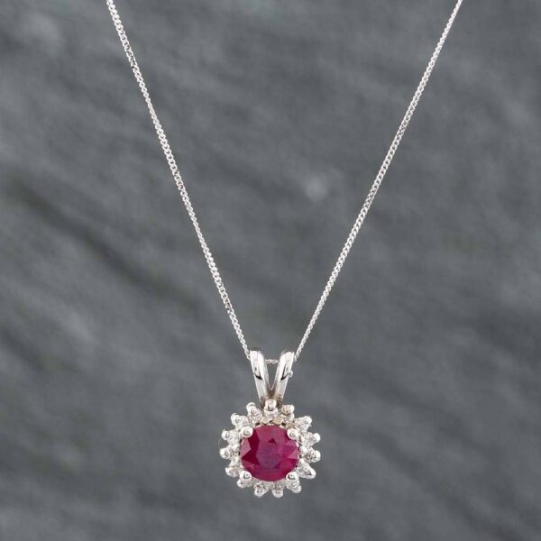 Pre-Owned 14ct White Gold Round Cut Ruby & Brilliant Cut Diamond Pendant & 18 Inch Curb Chain 43141091