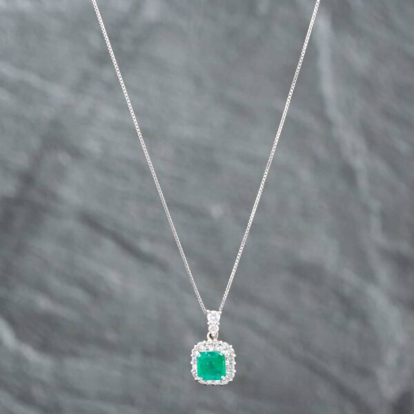 Pre-Owned Platinum 0.81ct Cushion Cut Emerald & 0.29ct Brilliant Cut Diamond Pendant & 16-18 Inch Box Chain 43141177