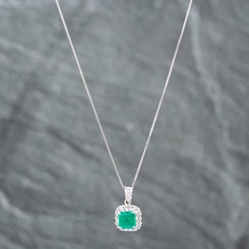 Pre-Owned Platinum 0.81ct Cushion Cut Emerald & 0.29ct Brilliant Cut Diamond Pendant & 16-18 Inch Box Chain 43141177