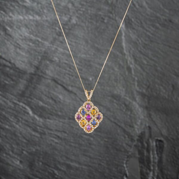 Pre-Owned 18ct Yellow Gold 2.9ct Multi Coloured Sapphire & 1.02ct Brilliant Cut Diamond Pendant & 18 Inch Curb Chain 43141184