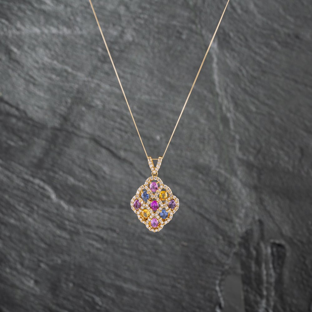 Pre-Owned 18ct Yellow Gold 2.9ct Multi Coloured Sapphire & 1.02ct Brilliant Cut Diamond Pendant & 18 Inch Curb Chain 43141184