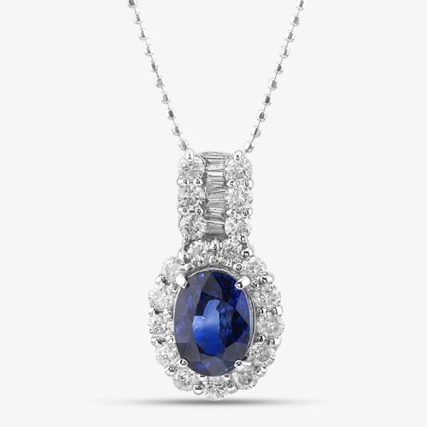 Pre-Owned 18ct White Gold 1.66ct Sapphire & 0.67ct Diamond Oval Cluster Pendant & 16 Inch Ball Chain 43141189