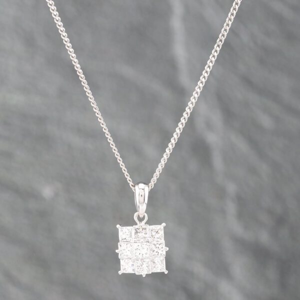 Pre-Owned Platinum 1.00ct Princess Cut Diamond Square Nine Stone Cluster Pendant & 16 Inch Curb Chain 43141194