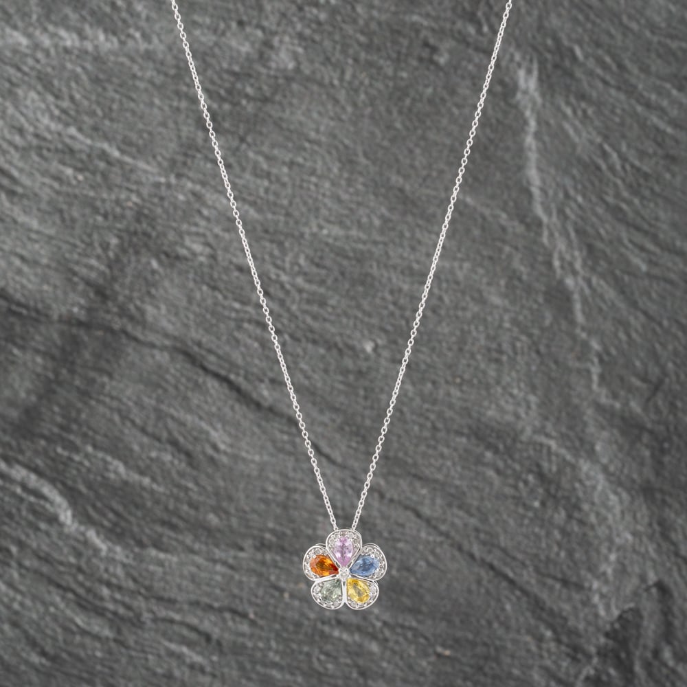 Pre-Owned 14ct White Gold 1.30ct Sapphire & 0.20ct Diamond Flower Pendant & 18 Inch Prince Of Wales Chain 43141204