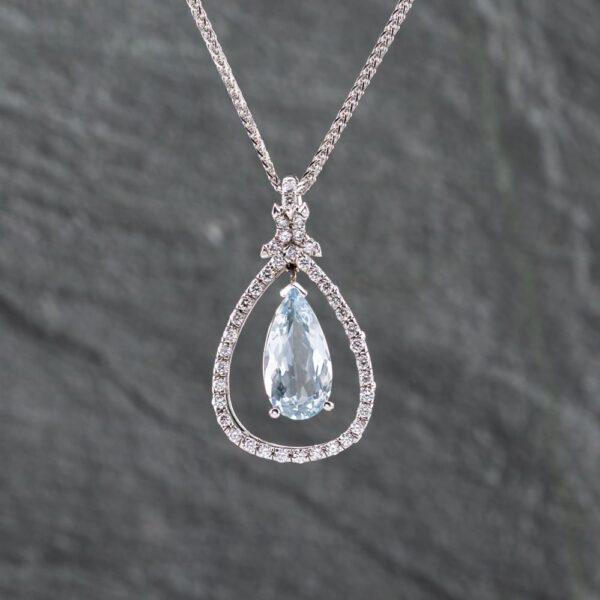 Pre-Owned 14ct White Gold 1.75ct Aquamarine & 0.35ct Brilliant Cut Diamond Tear Drop Pendant & 20 Inch Foxtail Chain 43141226