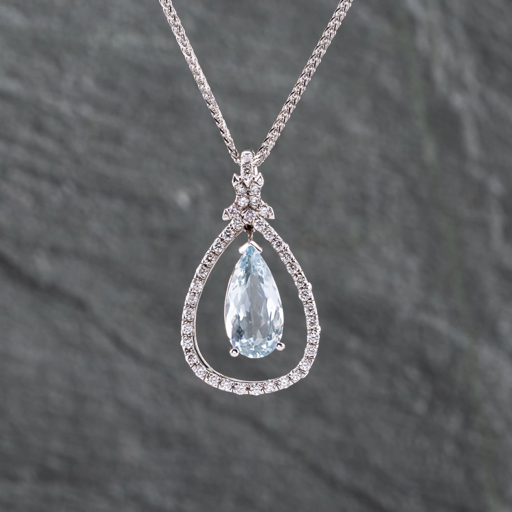 Pre-Owned 14ct White Gold 1.75ct Aquamarine & 0.35ct Brilliant Cut Diamond Tear Drop Pendant & 20 Inch Foxtail Chain 43141226