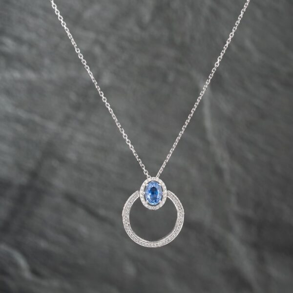 Pre-Owned 14ct White Gold Sapphire & 0.45ct Diamond Oval Swivel Cluster Pendant & 16-18 Inch Trace Chain 43141228