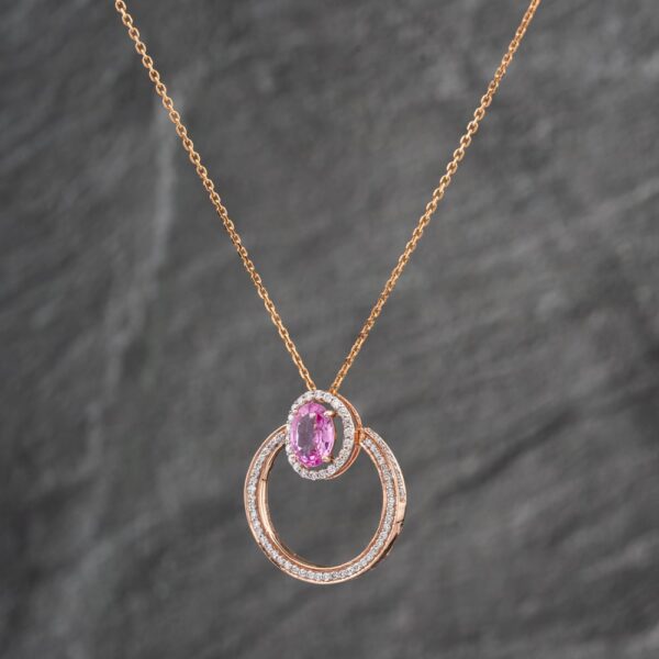Pre-Owned 14ct Rose Gold Pink Sapphire & 0.44ct Diamond Oval Swivel Cluster Pendant & 15 Inch Trace Chain 43141230