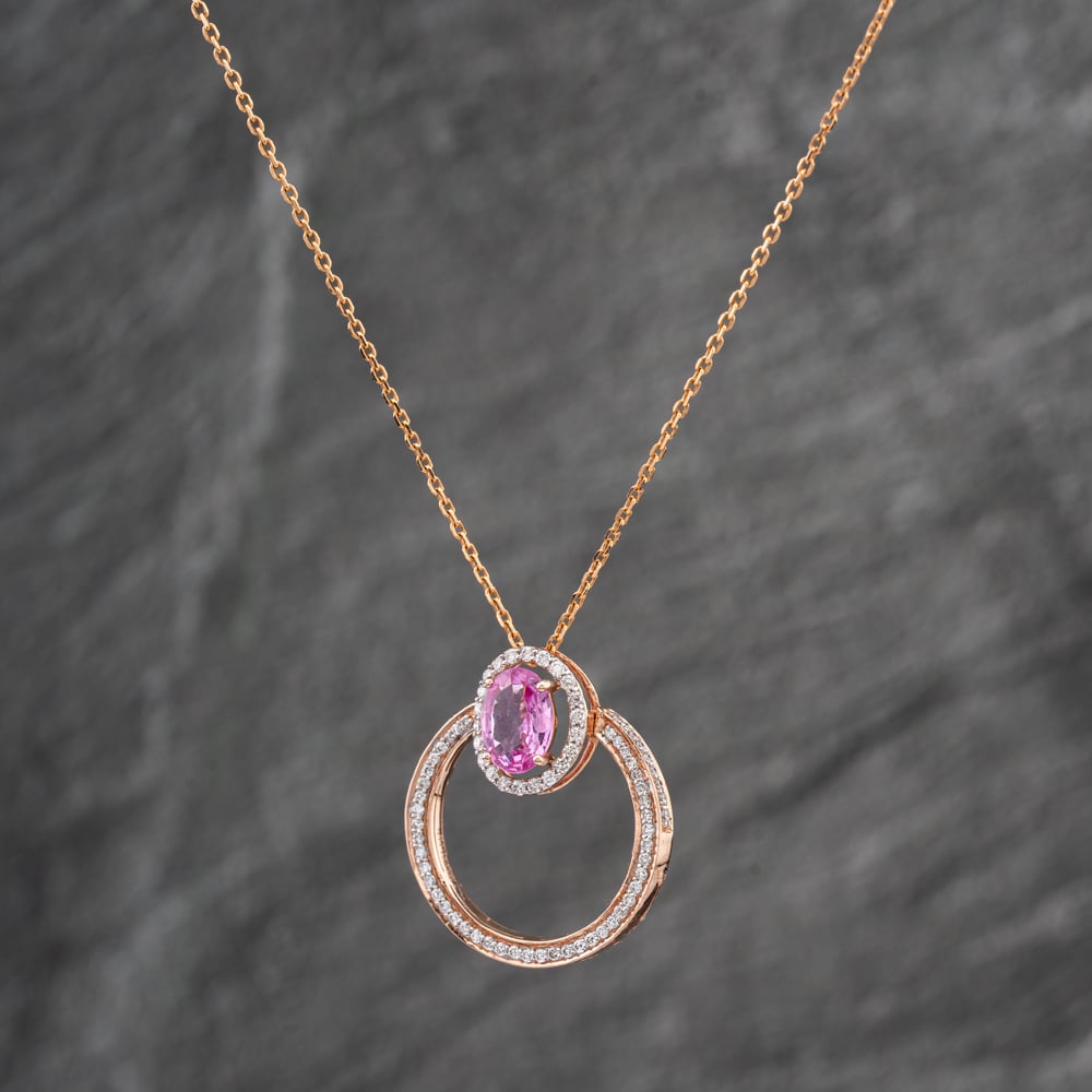 Pre-Owned 14ct Rose Gold Pink Sapphire & 0.44ct Diamond Oval Swivel Cluster Pendant & 15 Inch Trace Chain 43141230