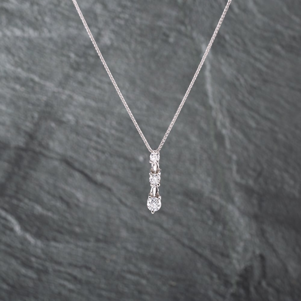 Pre-Owned 14ct White Gold 1.00ct Brilliant Cut Diamond Graduated Three Stone Pendant & 18 Inch Foxtail Chain 43141257
