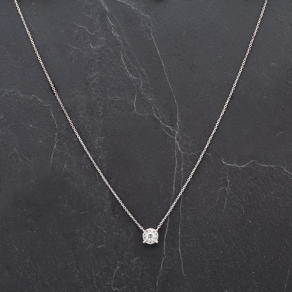 Pre-Owned 14ct White Gold 18" Round Brilliant Cut Diamond Cluster Pendant 4314534
