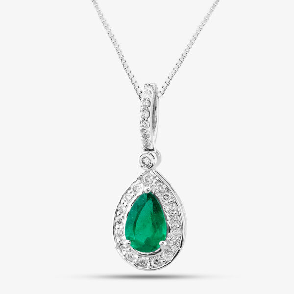 Pre-Owned 14ct White Gold 1.18ct Pear Cut Emerald & 0.41ct Brilliant Cut Diamonds Tear Drop Pendant 4314541