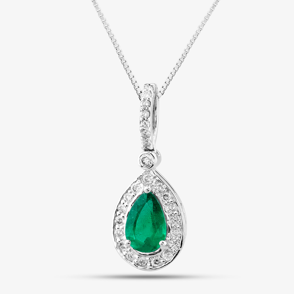 Pre-Owned 14ct White Gold 1.18ct Pear Cut Emerald & 0.41ct Brilliant Cut Diamonds Tear Drop Pendant 4314541