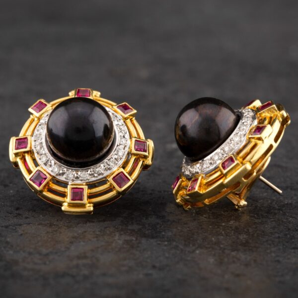 Pre-Owned 14ct Yellow Gold 1.50ct Ruby & 0.75ct Diamond & Black South Sea Pearl Large Stud Earrings 4317073