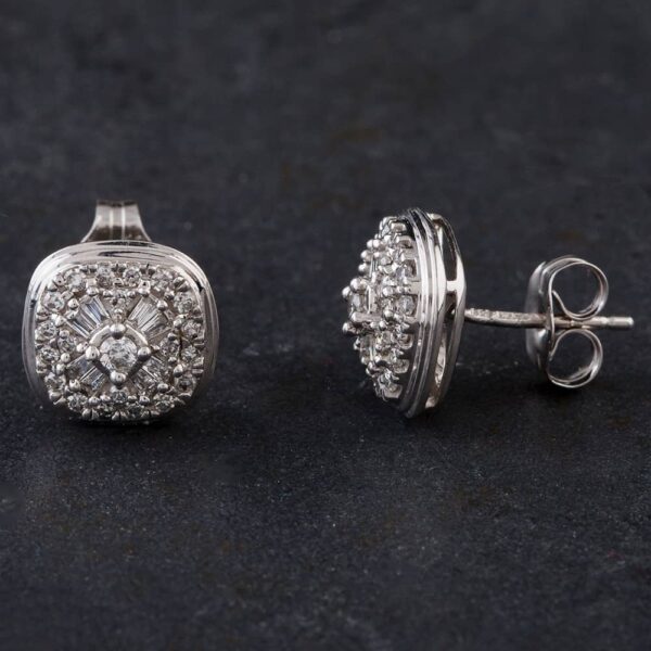 Pre-Owned 9ct White Gold 0.33ct Diamond Baguette And Brilliant Pave Set Stud Earrings 4317097