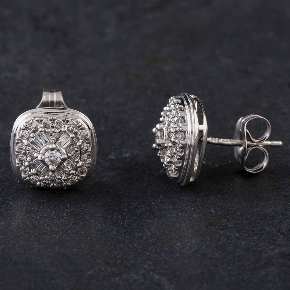 Pre-Owned 9ct White Gold 0.33ct Diamond Baguette And Brilliant Pave Set Stud Earrings 4317097