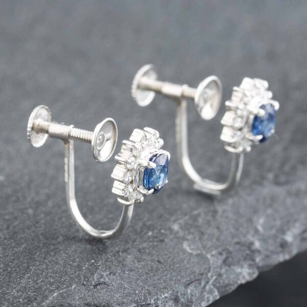 Pre-Owned Platinum Oval Cut Sapphire & Brilliant Cut Diamond Stud Earrings 43171037