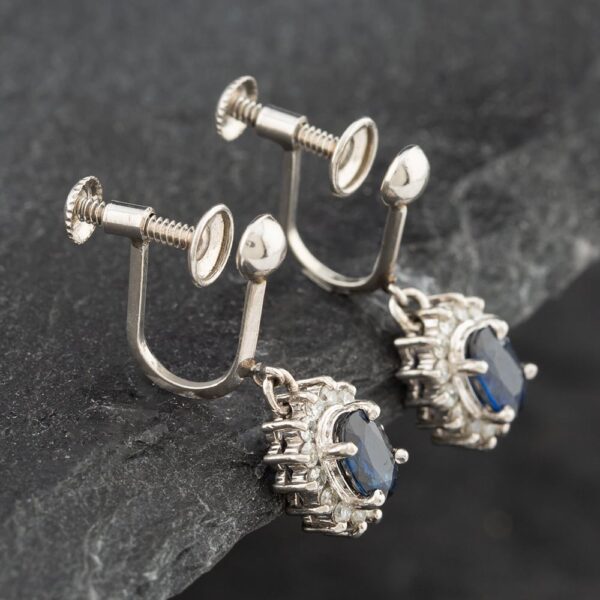 Pre-Owned Platinum Certificated Sapphire & 0.32ct Single Cut Diamond Oval Screw Fittings 21.7mm Dropper Earrings 43171105