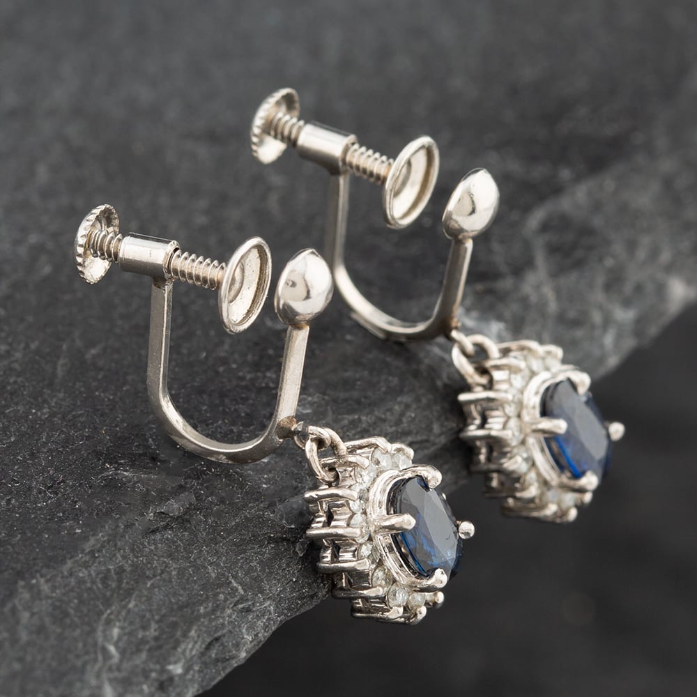 Pre-Owned Platinum Certificated Sapphire & 0.32ct Single Cut Diamond Oval Screw Fittings 21.7mm Dropper Earrings 43171105