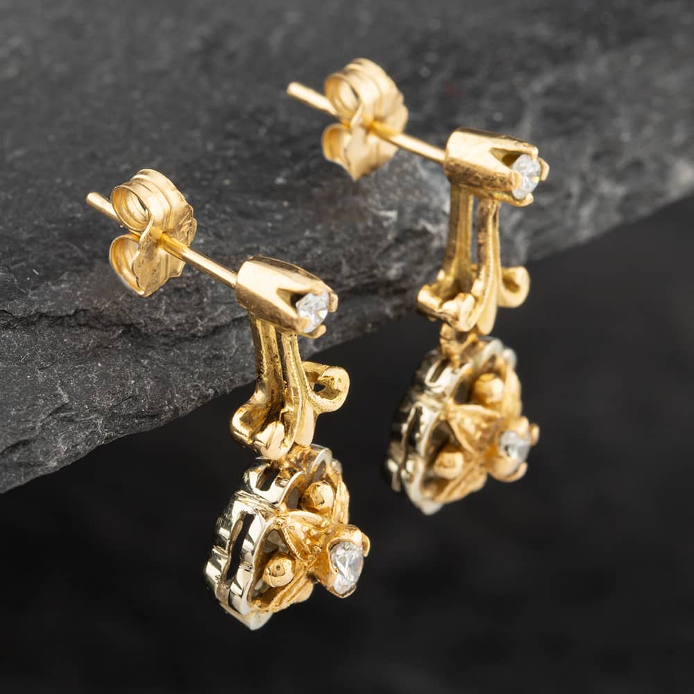 Pre-Owned 9ct Two Colour Gold Brilliant Cut Diamond Flower Dropper Earrings 43171117