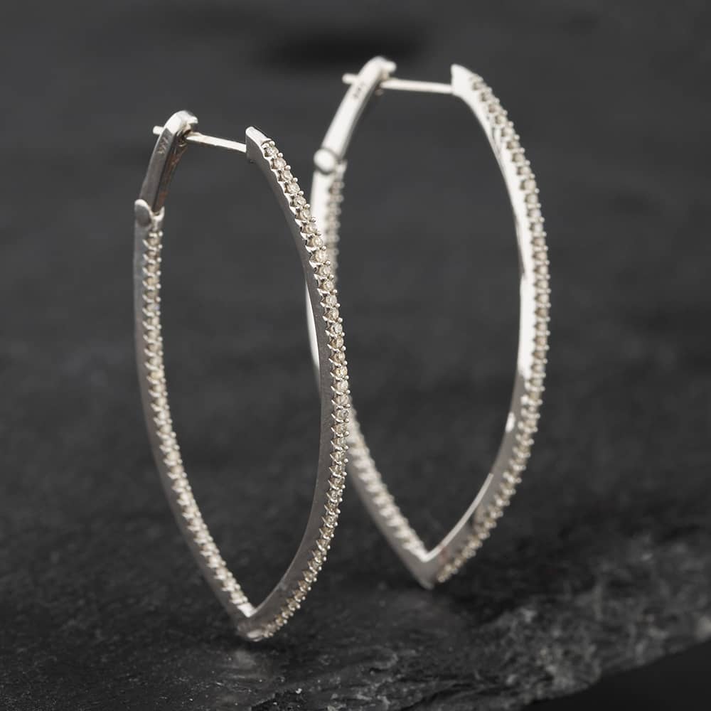 Pre-Owned 14ct White Gold 39mm 0.50ct Single Cut Diamond Pointed Hoop Earrings 43171149