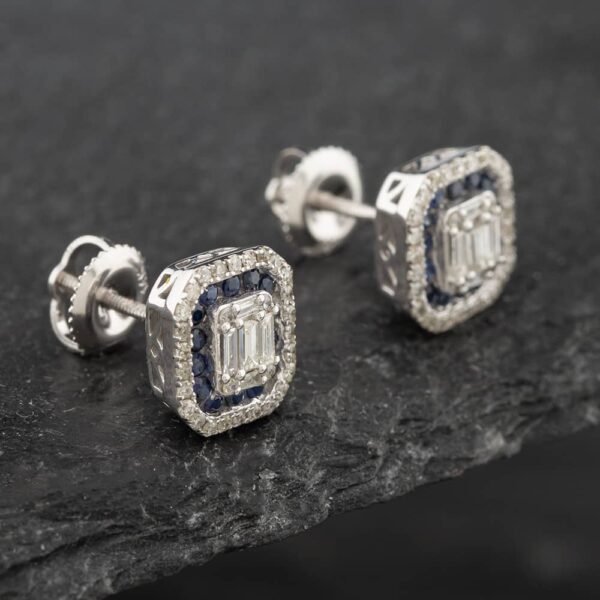 Pre-Owned 14ct White Gold 0.40ct Sapphire & 0.50ct Diamond Oblong Stud Earrings 43171164