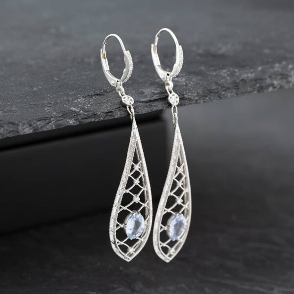 Pre-Owned 18ct White Gold Oval Cut Sapphire & Brilliant Cut Diamond Tear Drop Dropper Earrings 43171174