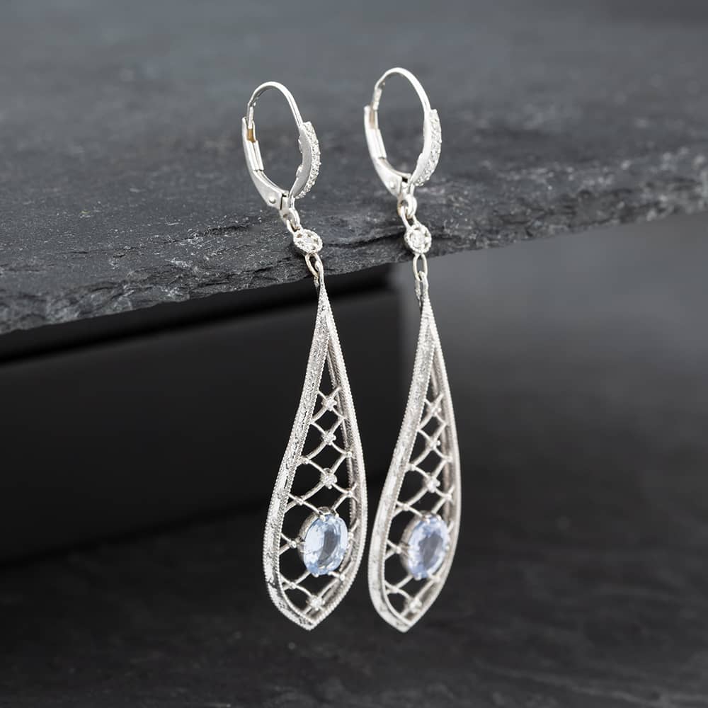 Pre-Owned 18ct White Gold Oval Cut Sapphire & Brilliant Cut Diamond Tear Drop Dropper Earrings 43171174