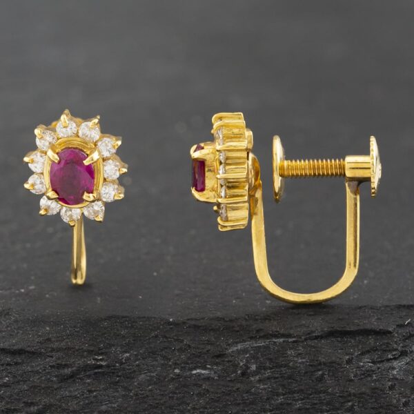 Pre-Owned 18ct Yellow Gold Certificated 0.43ct Ruby & 0.28ct Brilliant Cut Diamond Oval Cluster Screw Fitting 8mm Stud Earrings 43171187