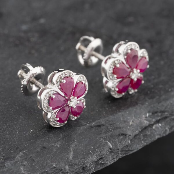 Pre-Owned 14ct White Gold 1.80ct Ruby & 0.20ct Brilliant Cut Diamond Flower Cluster Stud Earrings 43171227