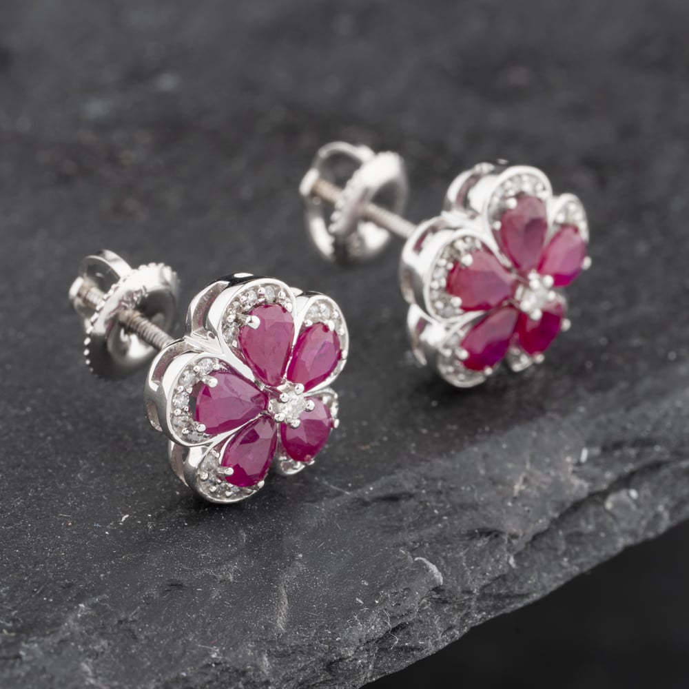 Pre-Owned 14ct White Gold 1.80ct Ruby & 0.20ct Brilliant Cut Diamond Flower Cluster Stud Earrings 43171227