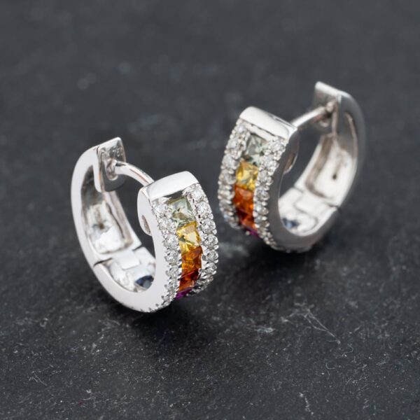 Pre-Owned 18ct White Gold Sapphire & 0.40ct Brilliant Cut Diamond 3 Row 12mm Hoop Earrings 43171358