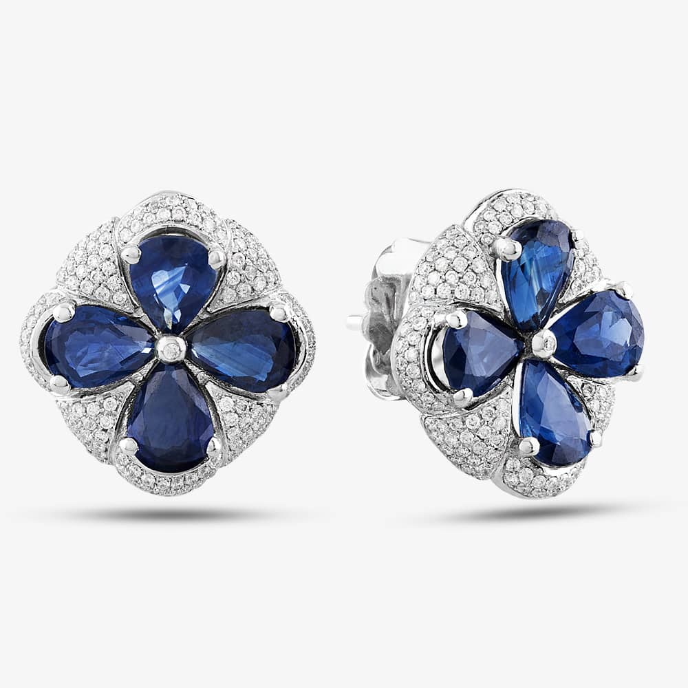Pre-Owned 9ct White Gold 6.25ct Sapphire & 1.20ct Brilliant Cut Diamond Large Cluster Stud Earrings 431715529