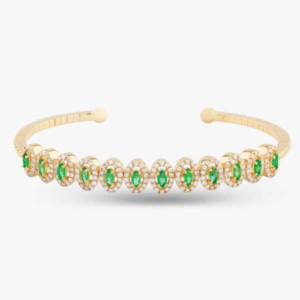 Pre-Owned 18ct Yellow Gold Emerald & Brilliant Cut Diamond Flexible 15cm Torque Bangle 4321007