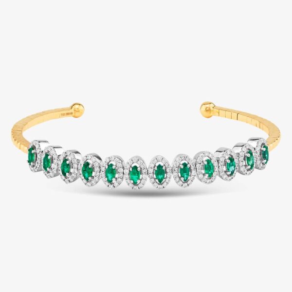 Pre-Owned 18ct Yellow Gold Marquise Cut Emerald & Brilliant Cut Diamond Halo Medium Torque Bangle 43211006
